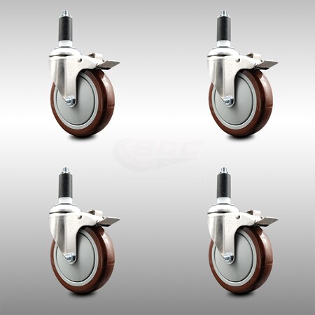 Service Caster 5 Inch 316SS Maroon Poly Swivel 1-1/4 Inch Expanding Stem Caster Set Lock Brake SCC-SS316TTLEX20S514-PPUB-MRN-114-4